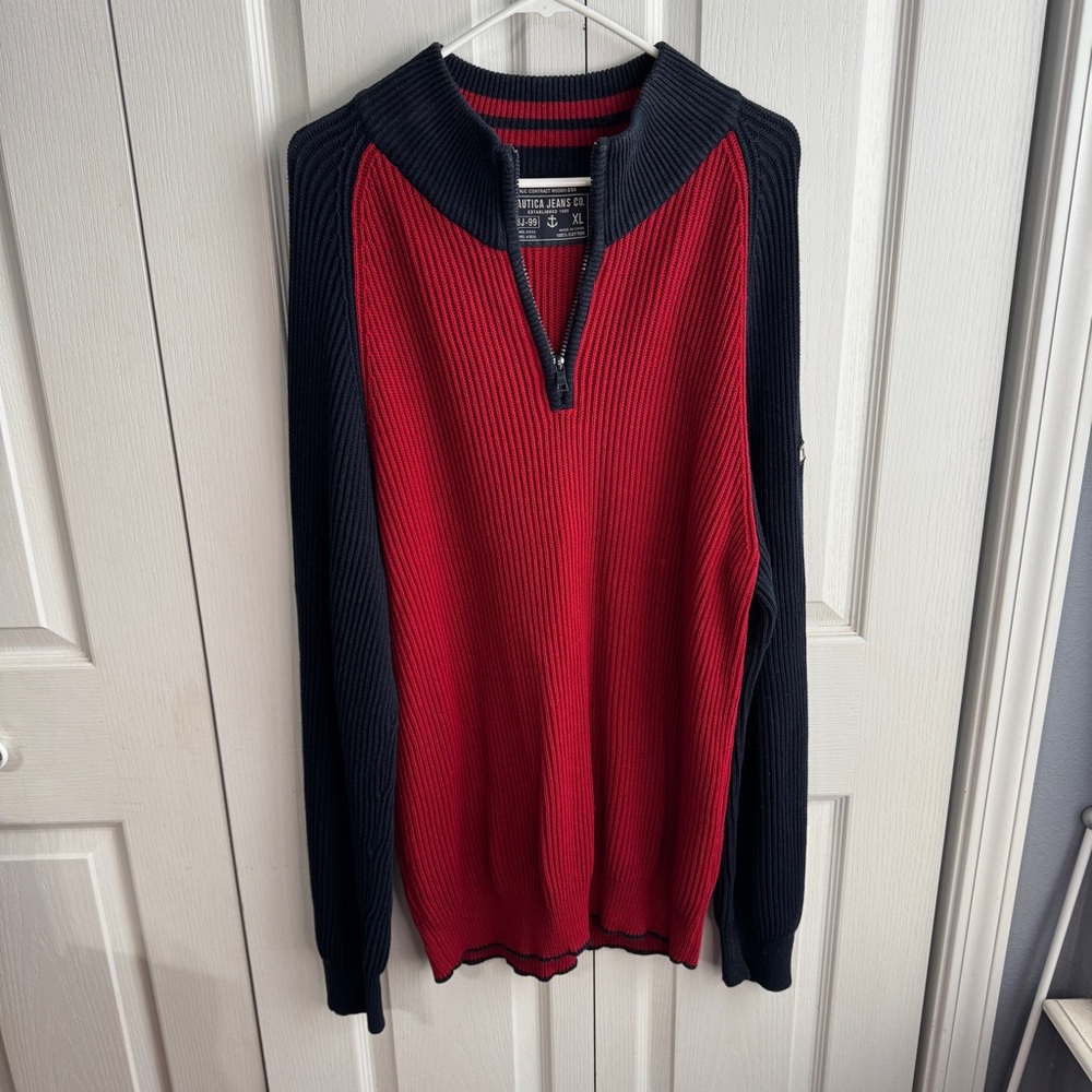 Nautica Jean Co Red‎ Navy Blue Quarter Zip Knit Pullover Men's Size XL Preppy